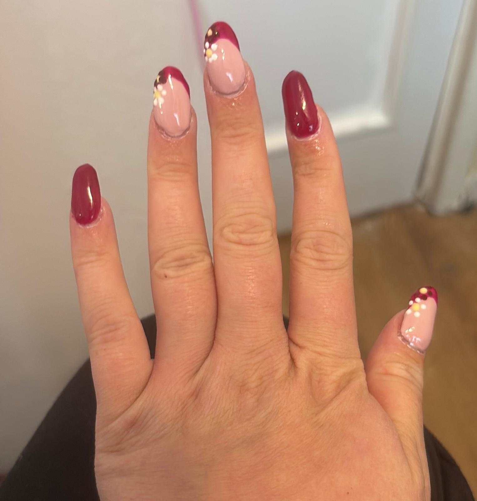 Burgundy and nude floral French manicure